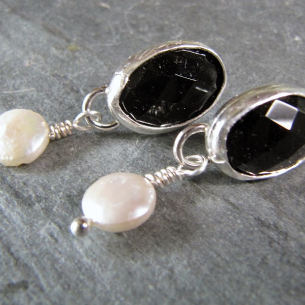 Black Onyx and Pearl Earrings in Sterling Silver