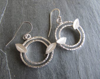 Silver Earrings with Leaves and Double Hammered Rings
