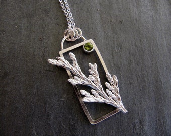 Silver Pendant With Cast Cedar and Peridot