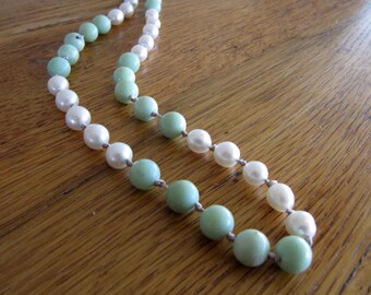 Necklace of Chrysoprase and Pearls Hand Knotted on Silk