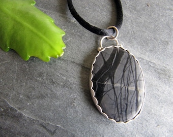 Onyx Pendant In sterling Silver with Flower Cutout on Satin Cord