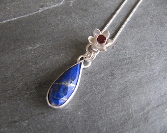 Petite Lapis and Garnet Pendant in Sterling Silver