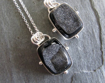 Black Agate Druzy Pendants in Sterling Silver