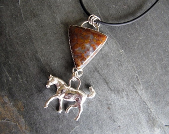 Moss Agate Pendant with Horse in Sterling Silver