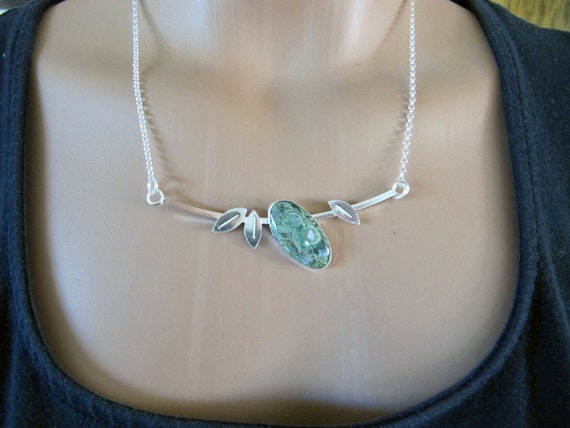 Necklace of Rain Forest Jasper and Sterling Silver with Leaves