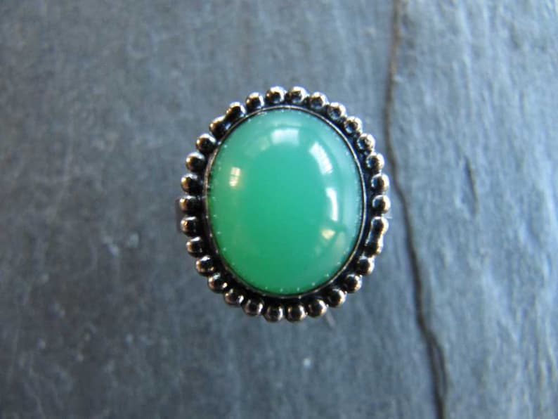Chrysoprase Ring in Sterling Silver with Bead Wire Trim and Oxidized Finish