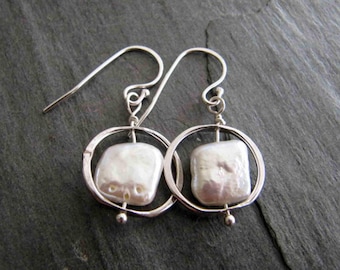Earrings with Square Pearls in Silver Circles