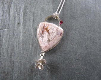 Pendant of Feather Ridge Plume Agate, Cast Sedum, and Garnet in Sterling Silver