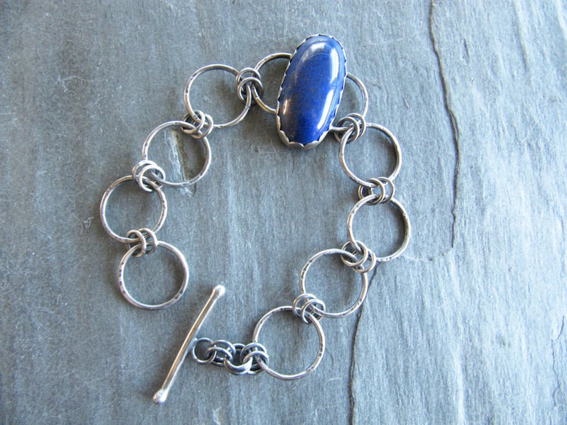 Bracelet with Lapis and Hand Made Chain in Sterling Silver image 1