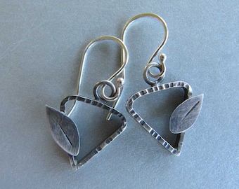 Triangle and Leaf Earrings in Hammered Sterling Silver