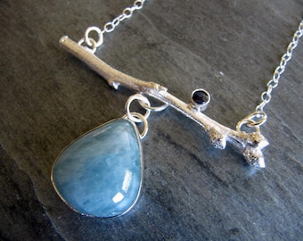Unique Pendant made with Cast Blueberry Twig, Aquamarine, and Sapphire in Sterling Silver
