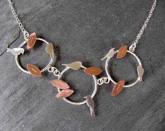 Birds and Leaves Necklace and Earrings in Sterling Silver and Copper