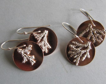 Copper Earrings with Cast Silver Cypress Sprig