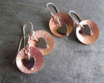 Earrings of Copper with Onyx Hearts and Silver Ear Wires