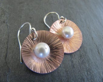 Earrings of Copper, Sterling Silver, and Pearls