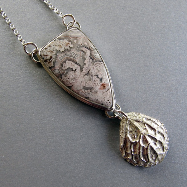 Pendant of Crazy Lace Agate and Sage Leaf in Sterling Silver