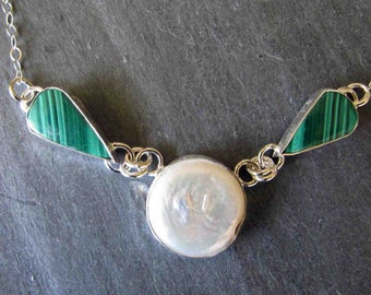 Pearl and Malachite Necklace in Sterling Silver