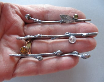 Twig and Gemstone Pins in Sterling Silver