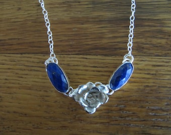 Necklace of Faceted Lapis and Cast Sedum in Sterling Silver