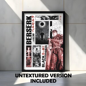 Op de afbeelding: Een ingelijste poster met manga-kunstwerk. De poster heeft een zwart frame en toont panelen met illustraties in zwart, wit en rood. Tekst bevat "BERSERK", "BLACK SWORDSMAN" en Japanse karakters. De onderkant van de poster luidt "UNTEXTURED VERSION INCLUDED".