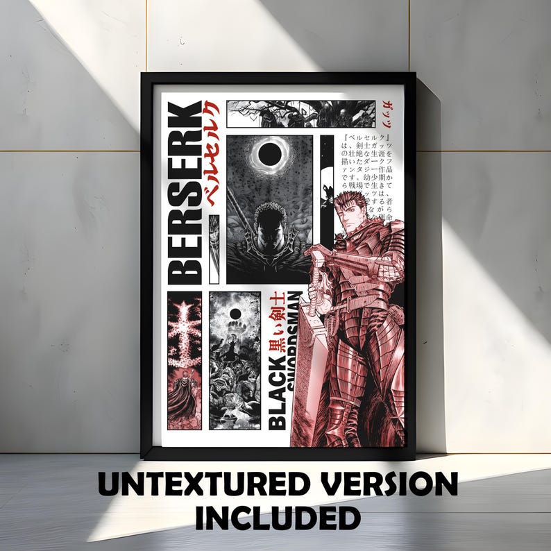 Op de afbeelding: Een ingelijste poster met manga-kunstwerk. De poster heeft een zwart frame en toont panelen met illustraties in zwart, wit en rood. Tekst bevat "BERSERK", "BLACK SWORDSMAN" en Japanse karakters. De onderkant van de poster luidt "UNTEXTURED VERSION INCLUDED".