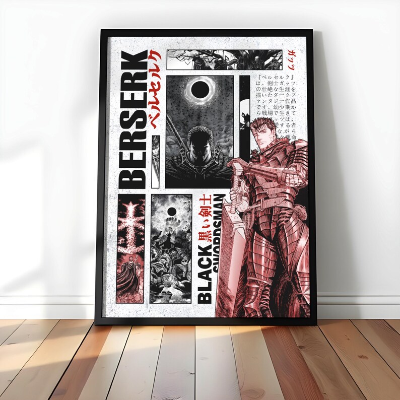 Op de afbeelding: Een ingelijste poster met de manga-serie "Berserk". Het kunstwerk is voornamelijk zwart-wit met rode accenten. De poster bevat illustraties en Japanse tekst, met de woorden "Black Swordsman" in het Engels.