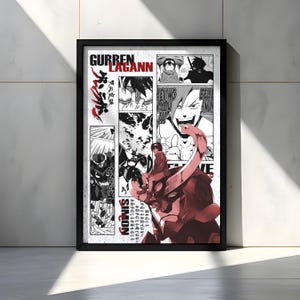 Może przedstawiać: Oprawiony plakat z grafiką w stylu mangi z Gurren Lagann. Plakat, w czarnej ramie, przedstawia panele mangi z postaciami, scenami akcji i japońskim tekstem. Paleta kolorów obejmuje czerwień, czerń i biel.