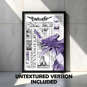 May include: Black framed poster featuring a purple and white illustration of an Evangelion robot. The poster includes the word "Evangelion" in a stylized font, along with Japanese text and comic-style panels. The phrase "Untextured Version Included" is at the bottom.