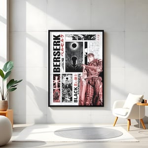Op de afbeelding: Een ingelijste poster met manga-kunst. De poster heeft een zwart frame en toont panelen met zwart-wit illustraties met rode accenten. Het woord "BERSERK" is verticaal in wit en rood gedrukt, met Japanse tekst erboven. De woorden "BLACK SWORDSMAN" zijn ook zichtbaar.