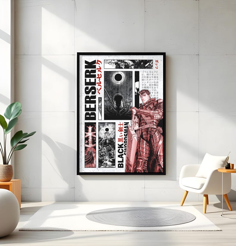 Op de afbeelding: Een ingelijste poster met manga-kunst. De poster heeft een zwart frame en toont panelen met zwart-wit illustraties met rode accenten. Het woord "BERSERK" is verticaal in wit en rood gedrukt, met Japanse tekst erboven. De woorden "BLACK SWORDSMAN" zijn ook zichtbaar.