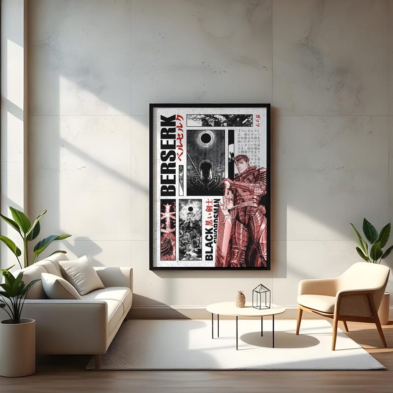 Op de afbeelding: Een ingelijste poster met illustraties uit de mangaserie "Berserk". De poster heeft een zwart frame en toont afbeeldingen in rood, wit en zwart. De tekst "BERSERK" en "BLACK SWORDSMAN" zijn zichtbaar.