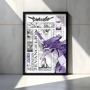 May include: A framed poster featuring a purple and white illustration of a mecha from the anime series Evangelion. The poster includes Japanese text and the title "Evangelion" in a stylized font. The artwork is set against a white background.
