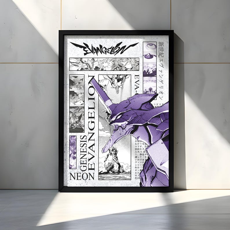 May include: A framed poster featuring a purple and white illustration of a mecha from the anime series Evangelion. The poster includes Japanese text and the title "Evangelion" in a stylized font. The artwork is set against a white background.