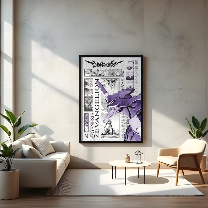 May include: A framed poster featuring a purple and white illustration of a robot from the anime series Neon Genesis Evangelion. The poster includes Japanese text and the title "Evangelion" in a stylized font. The artwork is displayed in a modern living room setting.