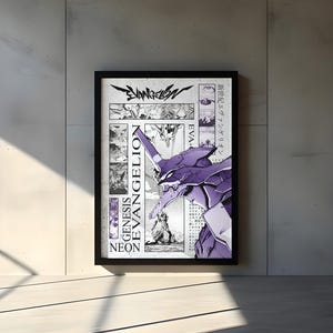 May include: Framed poster featuring a purple and white illustration of a mecha from the anime series "Neon Genesis Evangelion." The poster includes the series' logo and Japanese text, with comic-style panels. The frame is black.