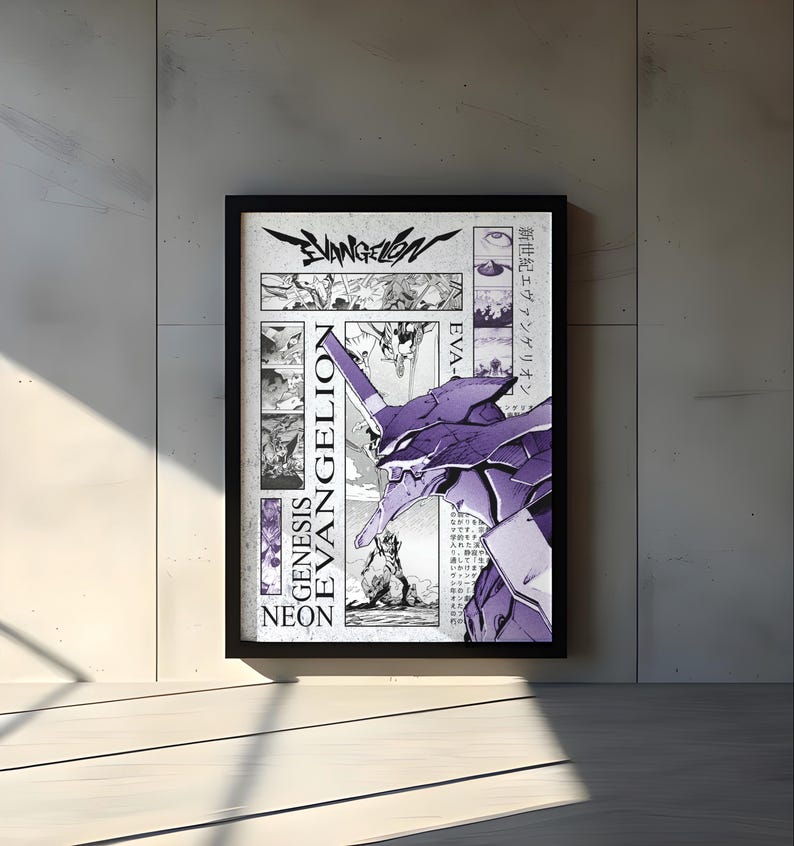 May include: Framed poster featuring a purple and white illustration of a mecha from the anime series "Neon Genesis Evangelion." The poster includes the series' logo and Japanese text, with comic-style panels. The frame is black.