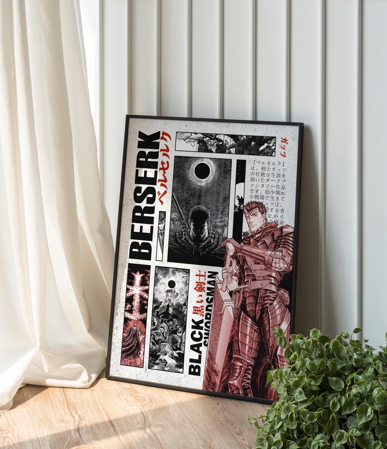 Op de afbeelding: Een ingelijste poster met manga-kunstwerk. De poster toont het woord "BERSERK" in vette letters, samen met Japanse tekst en illustraties van een gepantserde krijger. De woorden "BLACK SWORDSMAN" zijn ook zichtbaar.