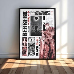 Op de afbeelding: Ingelijste poster met manga-kunstwerk van "Berserk". Het ontwerp bevat de titel "Berserk" in vette letters, Japanse tekst en panelen met zwart-wit illustraties. Een centrale figuur, de "Black Swordsman", is afgebeeld in rode bepantsering.