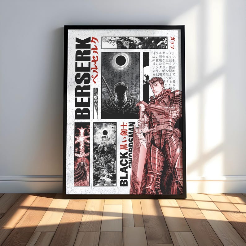 Op de afbeelding: Ingelijste poster met manga-kunstwerk van "Berserk". Het ontwerp bevat de titel "Berserk" in vette letters, Japanse tekst en panelen met zwart-wit illustraties. Een centrale figuur, de "Black Swordsman", is afgebeeld in rode bepantsering.