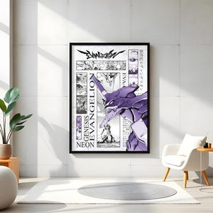 May include: A framed poster featuring a purple and white illustration of an Evangelion unit. The poster includes the title "Evangelion" and Japanese text. The artwork is displayed in a bright, modern room with a white chair and a small side table.
