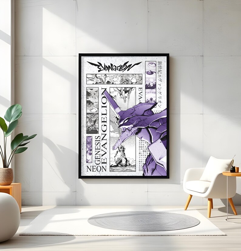 May include: A framed poster featuring a purple and white illustration of an Evangelion unit. The poster includes the title "Evangelion" and Japanese text. The artwork is displayed in a bright, modern room with a white chair and a small side table.
