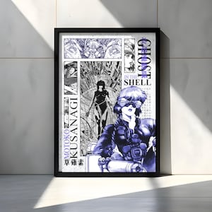 以下が含まれることがあります： 青と白を基調とした漫画風イラストのフレーム入りポスター。アートワークには「GHOST IN THE SHELL」、「MOTOKO KUSANAGI」の文字と日本語の文字が含まれています。画像は、未来的な設定の女性キャラクターを描いています。