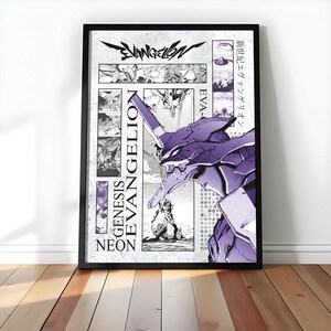 May include: A framed poster featuring a purple and white illustration from the anime series, Neon Genesis Evangelion. The artwork includes manga-style panels, Japanese text, and the series title. The poster is in a black frame.