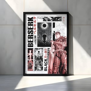 Op de afbeelding: Een ingelijste poster met illustraties uit de mangaserie Berserk. De poster, in een zwart frame, toont een collage van afbeeldingen in zwart, wit en rood. Tekst in het Engels en Japans is ook aanwezig, met "BERSERK" en "BLACK SWORDSMAN".