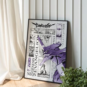 May include: A framed poster featuring a purple and white illustration of an Evangelion robot. The poster includes the word "Evangelion" in a stylized font, along with Japanese text and comic-style panels. The poster is displayed on a wooden floor.