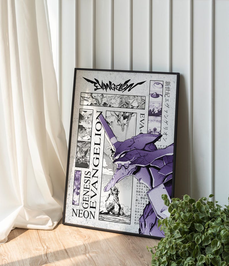 May include: A framed poster featuring a purple and white illustration of an Evangelion robot. The poster includes the word "Evangelion" in a stylized font, along with Japanese text and comic-style panels. The poster is displayed on a wooden floor.