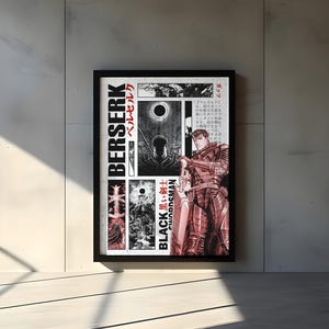Op de afbeelding: Een ingelijste poster met manga-illustraties. De zwarte lijst bevat kunstwerken in zwart, wit en rood. Het woord "BERSERK" staat verticaal in het wit gedrukt, met Japanse tekst en de woorden "BLACK SWORDSMAN" op de poster.