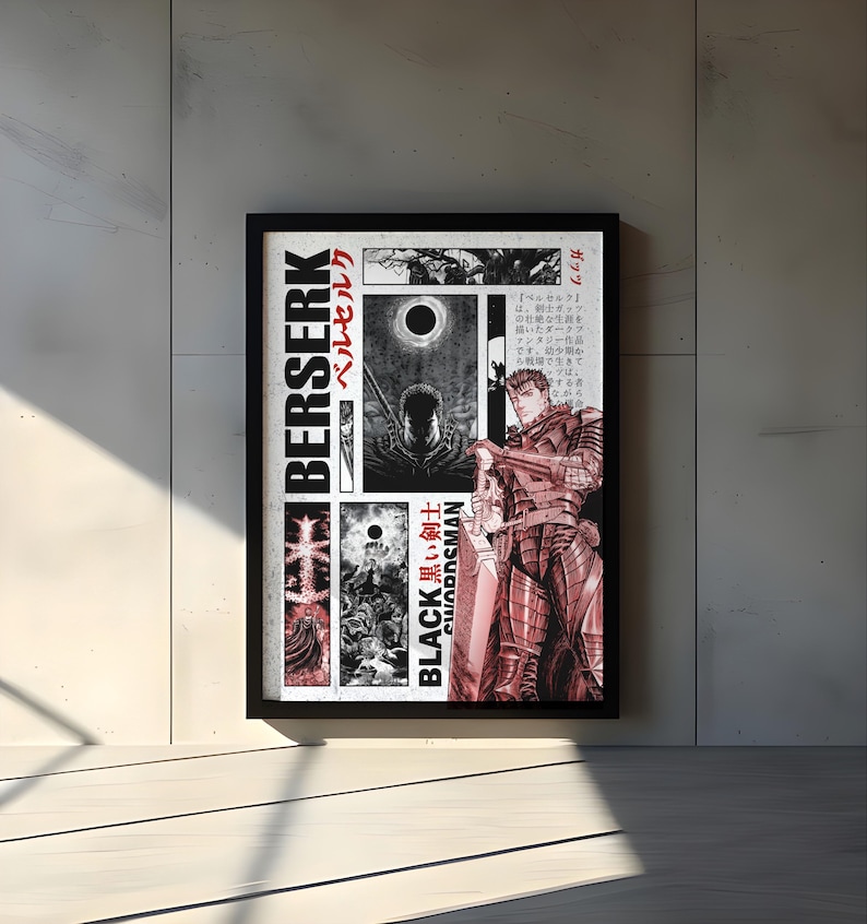 Op de afbeelding: Een ingelijste poster met manga-illustraties. De zwarte lijst bevat kunstwerken in zwart, wit en rood. Het woord "BERSERK" staat verticaal in het wit gedrukt, met Japanse tekst en de woorden "BLACK SWORDSMAN" op de poster.