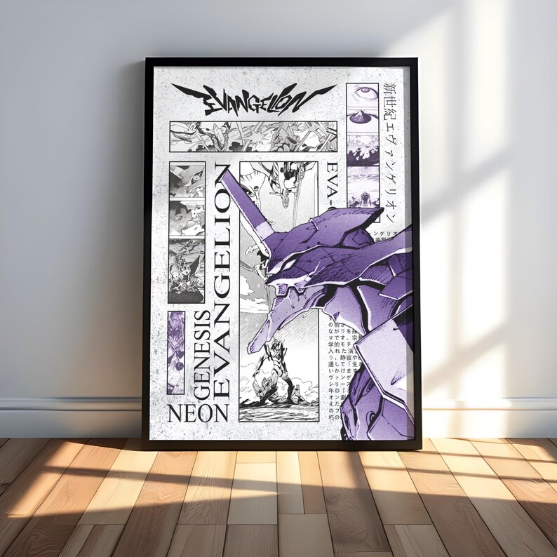 May include: A framed poster featuring a purple and white illustration from the anime series, Neon Genesis Evangelion. The poster includes Japanese text and the series title. The artwork is set against a white background.