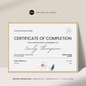 Certificate Of Completion Template, Printable Course Certificate Of Completion, Editable Training Certificate Template, Edit with Canva